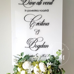 Panou intampinare nunta din plexiglas alb si negru, Accesorii nunta, Materiale decor pentru nunta, Tablouri si indicatoare nunta, Altele, Obiecte pictate, ARTYNOS