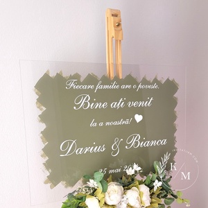 Panou intampinare nunta din plexiglas alb si verde olive - accesorii nuntă - materiale decor pentru nuntă - tablouri și indicatoare nuntă - Artynos.ro