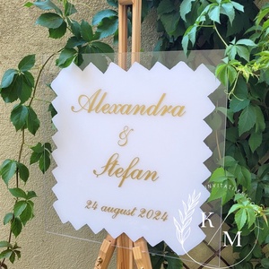 Panou intampinare nunta din plexiglas alb si auriu - accesorii nuntă - materiale decor pentru nuntă - tablouri și indicatoare nuntă - Artynos.ro
