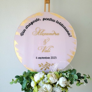 Panou intampinare nunta rotund din plexiglas roz antic si detalii aurii - Artynos.ro