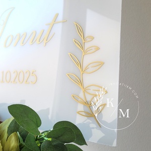Panou intampinare nunta din plexiglas alb si detaliu floral auriu - accesorii nuntă - materiale decor pentru nuntă - tablouri și indicatoare nuntă - Artynos.ro