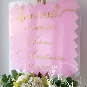 Panou intampinare botez din plexiglas roz - accesorii nuntă - materiale decor pentru nuntă - tablouri și indicatoare nuntă - Artynos.ro