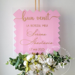 Panou intampinare botez din plexiglas roz - accesorii nuntă - materiale decor pentru nuntă - tablouri și indicatoare nuntă - Artynos.ro