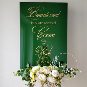 Panou intampinare nunta din plexiglas verde si auriu, Accesorii nunta, Materiale decor pentru nunta, Tablouri si indicatoare nunta, Altele, Obiecte pictate, ARTYNOS