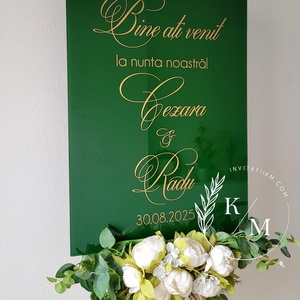 Panou intampinare nunta din plexiglas verde si auriu - accesorii nuntă - materiale decor pentru nuntă - tablouri și indicatoare nuntă - Artynos.ro