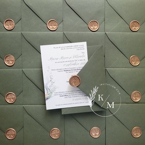 Invitatii de nunta greenery si plic verde olive cu sigiliu - accesorii nuntă - invitații și felicitări de nuntă - invitații nuntă - Artynos.ro