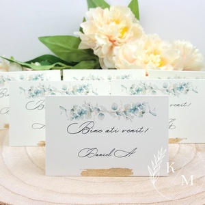 Set 50 Carduri asezare/place card-uri nunta cu eucalipt, detalii aurii si nume invitat - accesorii nuntă - invitații și felicitări de nuntă - invitații nuntă - Artynos.ro