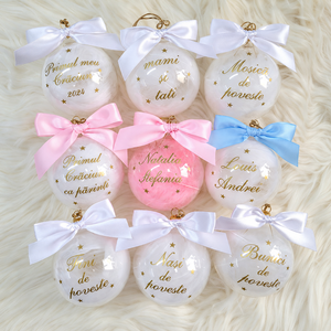 Set 8 Globuri de Craciun personalizate pentru familie, umplute cu puf alb - Artynos.ro