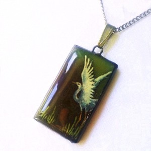 Heron alb pictat manual - pandantiv din sticla tiffany in forma de pasare, , , ARTYNOS