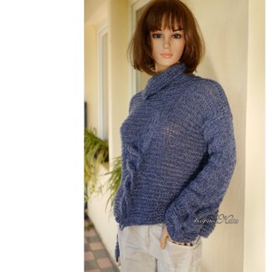 FRANCESCA ALPAKA - pulover cu design exclusiv tricotat manual / Farmer blue - îmbrăcăminte și modă - haine damă - hanorace, cardigane - Artynos.ro