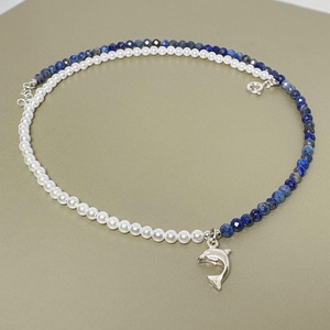 Colier din lapis lazuli, perle tip Mallorca si pandantiv delfin.  - bijuterii - coliere - coliere cu mărgele - Artynos.ro