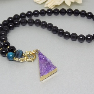 Colier din onix negru, ochi de tigru, hematit si padantiv agata druzy.  - bijuterii - coliere - coliere cu mărgele - Artynos.ro