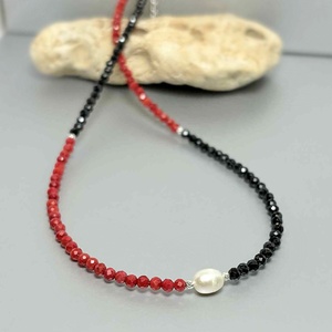 Colier coral fatetat, turmalina si perla de cultura - bijuterii - coliere - coliere din pietre semiprețioase - Artynos.ro