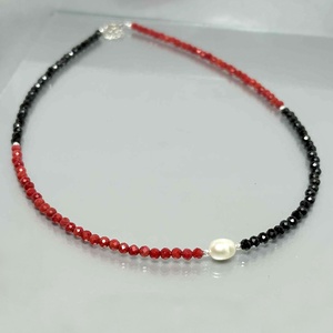 Colier coral fatetat, turmalina si perla de cultura - bijuterii - coliere - coliere din pietre semiprețioase - Artynos.ro