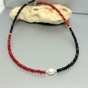 Colier coral fatetat, turmalina si perla de cultura - bijuterii - coliere - coliere din pietre semiprețioase - Artynos.ro