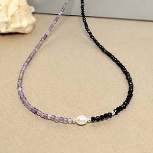 Colier din ametist, turmalina neagra si perla de cultura - bijuterii - coliere - coliere din pietre semiprețioase - Artynos.ro