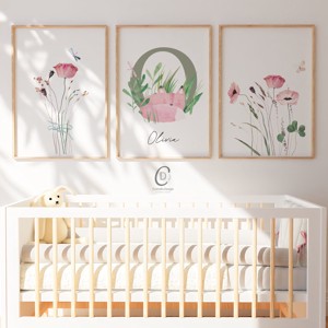 Litere, monogramă, imagine pentru ziua numelui, cadou de botez, decorare cameră copil, set de artă de perete cu flori sălbatice de 3 -  - Artynos.ro