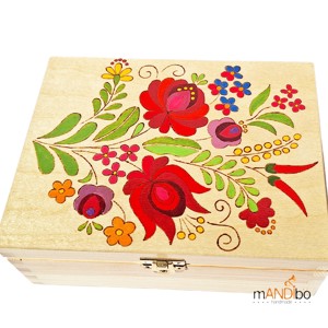 Cutie din lemn pentru ceai, cu 6 compartimente – decor floral pirogravat si pictat manual, , , O cutie din lemn decorata cu un model floral colorat, inspirat din motivele populare traditionale. ..., ARTYNOS