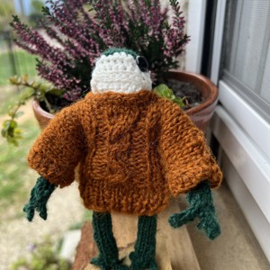 Broscuță tricotată manual - 13 cm, în pulover de lână și chiloți de catifea -  - Artynos.ro