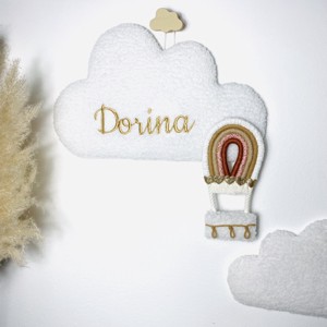 Decor de perete personalizat cu nori de miel brodati si balon cu aer cald macramé - doua dimensiuni, , , ARTYNOS