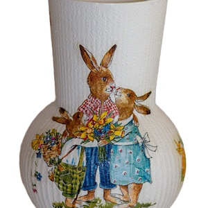 Vaza din sticla decorata cu iepurasi de Paste, 11x11x16,5 cm. - Artynos.ro