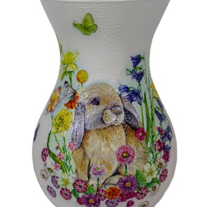 Vaza din sticla decorata cu iepurasi de Paste, 11x11x18 cm. - Artynos.ro