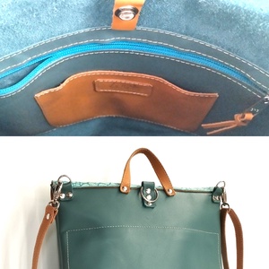 Geantă de spate și umăr din piele albastru pastel, cu clapă din piele întoarsă și detalii maro, Classica 013 Plus Extra - geantă și husă - genți de umăr și genți de mână - genți de umăr - Artynos.ro