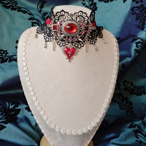 Choker dantela, catifea si piese metalice stil victorian gothic rosu si negru, Bijuterii, Coliere, Chockere, Confectionarea bijuteriilor, Broderie, ARTYNOS