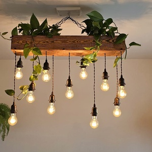 Lustra din Lemn cu 11 Becuri, Stil Vintage Retro, cu Spatiu pentru Plante, 80x15 cm  - casă & stil de viață - lămpi și corpuri de iluminat - candelabru - Artynos.ro