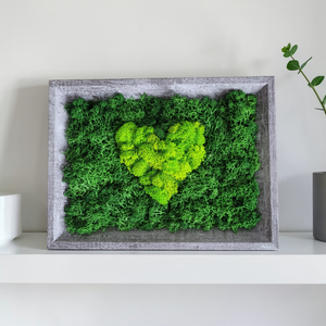 Tablou cu licheni stabilizati – Inima, Casa & Stil de viata, Decoratiuni de casa, Decoratiuni de pereti, Decoratiuni cu licheni, Altele, Tablou decorativ realizat manual, cu fundal din licheni naturali in doua nuante de verde si inima c..., ARTYNOS