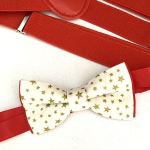 Set copil, papion crem cu stelute aurii si bretele rosii, de Craciun, Imbracaminte si moda, Haine barbati, Cravata, papion, , ARTYNOS