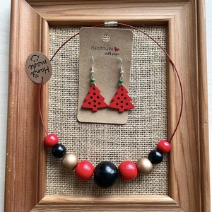 Set colier si cercei cu bile din lemn cu tematica de iarna - Artynos.ro