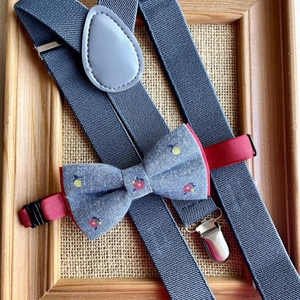 Set pentru copii, papion cu floricele si bretele gri, Imbracaminte si moda, Haine barbati, Cravata, papion, , ARTYNOS