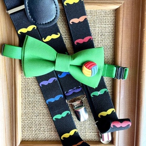 Set pentru copii, papion verde si bretele cu mustati, Imbracaminte si moda, Haine barbati, Cravata, papion, , ARTYNOS