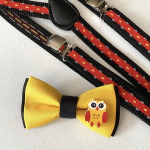 Set pentru copii, papion galben cu bufnita si bretele cu cu dungi, Imbracaminte si moda, Haine barbati, Cravata, papion, , ARTYNOS