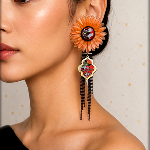 Cercei Gerbera 2 în 1 handmade, cercei statement cu sistem cuff și strasuri detașabile - bijuterii - cercei - cercei din rășină - Artynos.ro