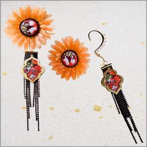 Cercei Gerbera 2 in 1 handmade, cercei statement cu sistem cuff si strasuri detasabile - Artynos.ro