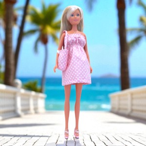 Rochie de vară din pânză cu buline roz pentru păpușile de tip Barbie, cu geantă (potrivită și pentru Steffi însărcinată!) (a075rp) -  - Artynos.ro