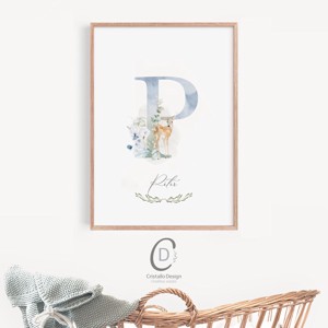 Scrisoare P, monogramă, imagine pentru ziua numelui, decor, decalaj de perete cu verdeață, poster cu animale din pădure -  - Artynos.ro