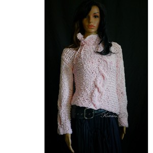 FRANCESCA - pulover trendy tricotat manual din lana de bumbac / roz pudra, Imbracaminte si moda, Haine dama, Hanorace, cardigane, Impletitura, ARTYNOS