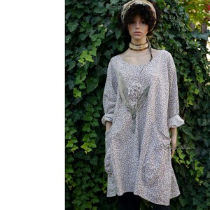 MAILA - rochie tunică din bumbac și in cu design artistic / violet-floral - îmbrăcăminte și modă - haine damă - tunică - Artynos.ro