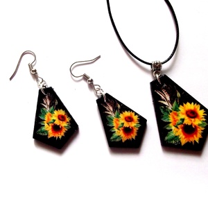 set bijuterii lemn cu floarea soarelui 43559 - Artynos.ro