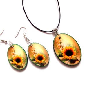 set bijuterii lemn cu floarea soarelui 43561 - Artynos.ro