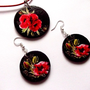 set bijuterii lemn cu maci 42301, Bijuterii, Cercei, Cercei agățați, Confecționarea bijuteriilor, Decoupage, transfer și tehnici șervețel, ARTYNOS