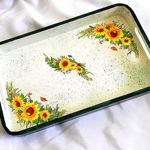 tava lemn decorata cu floarea soarelui 47934, Casă & Stil de viață, Accesorii pentru echipamente de bucătărie, Accesorii de servire, Tăvi, tăvi de servire, Decoupage, transfer și tehnici șervețel, ARTYNOS