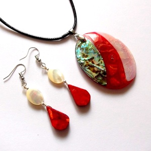 set cu sidef paua sidef alb si coral rosu 46734, Bijuterii, Seturi de bijuterii, Confectionarea bijuteriilor, ARTYNOS