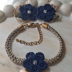  Set elegant bratara și cercei cu floare croșetata bleumarin - bijuterii - seturi de bijuterii - Artynos.ro