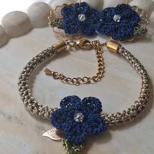  Set elegant bratara și cercei cu floare croșetata bleumarin - bijuterii - seturi de bijuterii - Artynos.ro