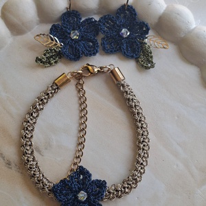  Set elegant bratara și cercei cu floare croșetata bleumarin - bijuterii - seturi de bijuterii - Artynos.ro