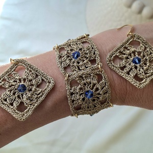 Set bratara si cercei elegant model patrat dantelat cu cristal Swarowski safir albastru - bijuterii - seturi de bijuterii - Artynos.ro